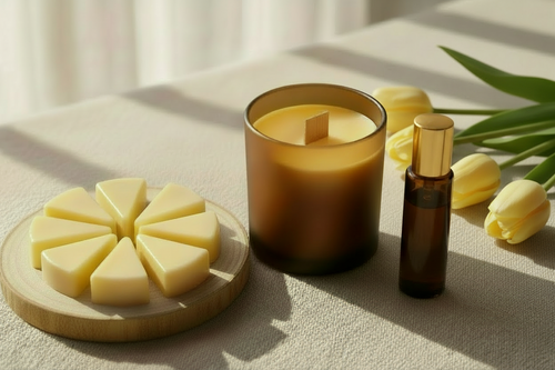 create an image of a brown frosted candle jar with a wooden wick and yellow wax, a brown roller bottle of oil and 8 pie-shaped melts of yellow wax in a relaxing background